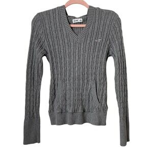 Hollister Cable Knit Hooded Sweater Womens Medium Gray Y2K V-Neck Cotton Knit